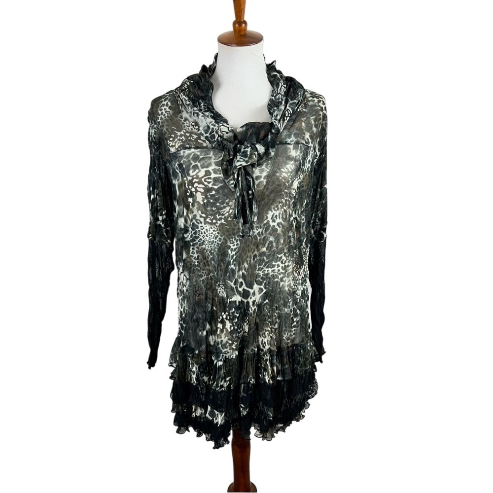 Puli Leopard Print Mesh Tunic Top Ruffle Lace Hem Size Large